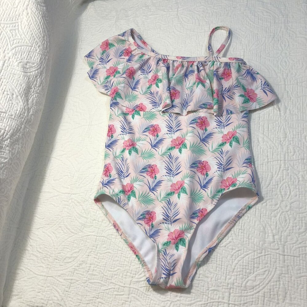 NWT Janie And Jack Swimsuit Girls Floral One-Shoulder Sz 10 Protection